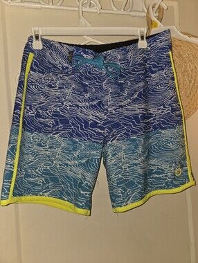Blue Gradient Wave-Print Swim Trunks